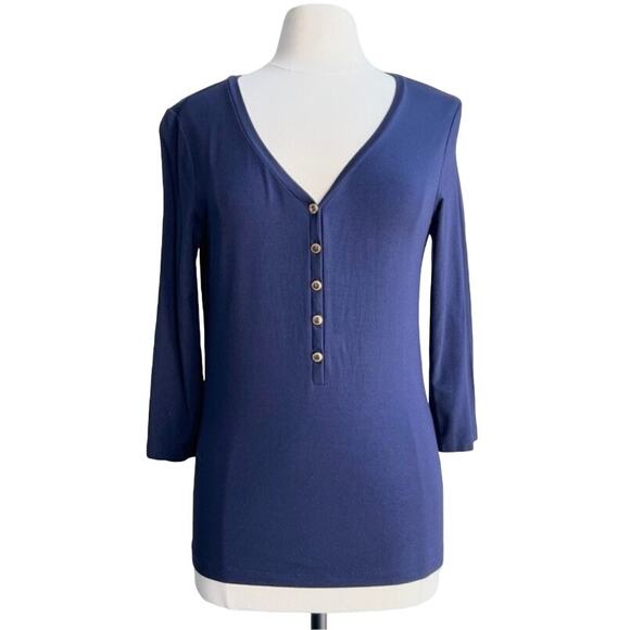 Lauren Ralph Lauren Size M Navy Blue Y2K V-Neck Henley Top 3/4 Sleeve Stretch - Picture 1 of 10